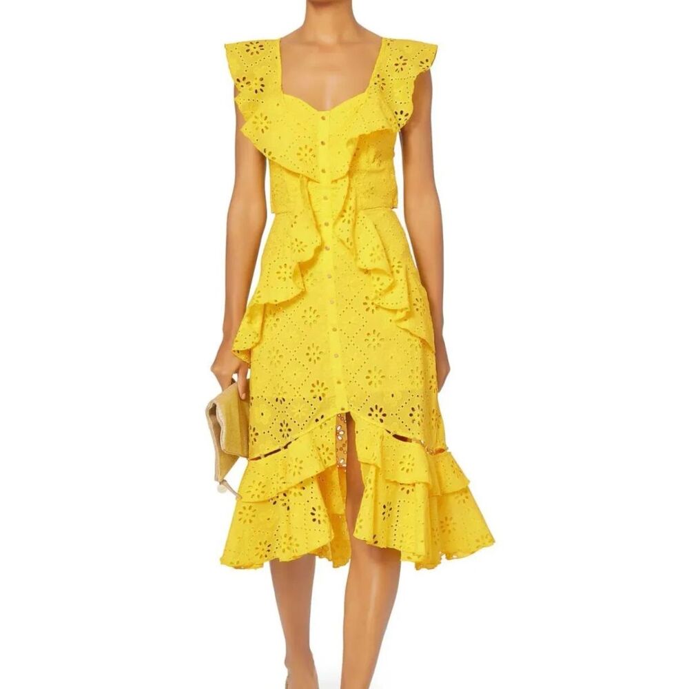 Yellow Eyelet Ruffle Tiered Button Front Dress Flutter Sleeve. Size Small.